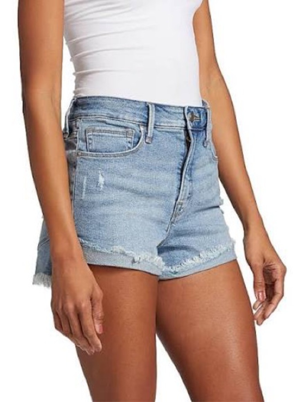 Good American Good Curve High Waist Light Blue Distressed High-Rise Denim Shorts - Picture 2 of 8